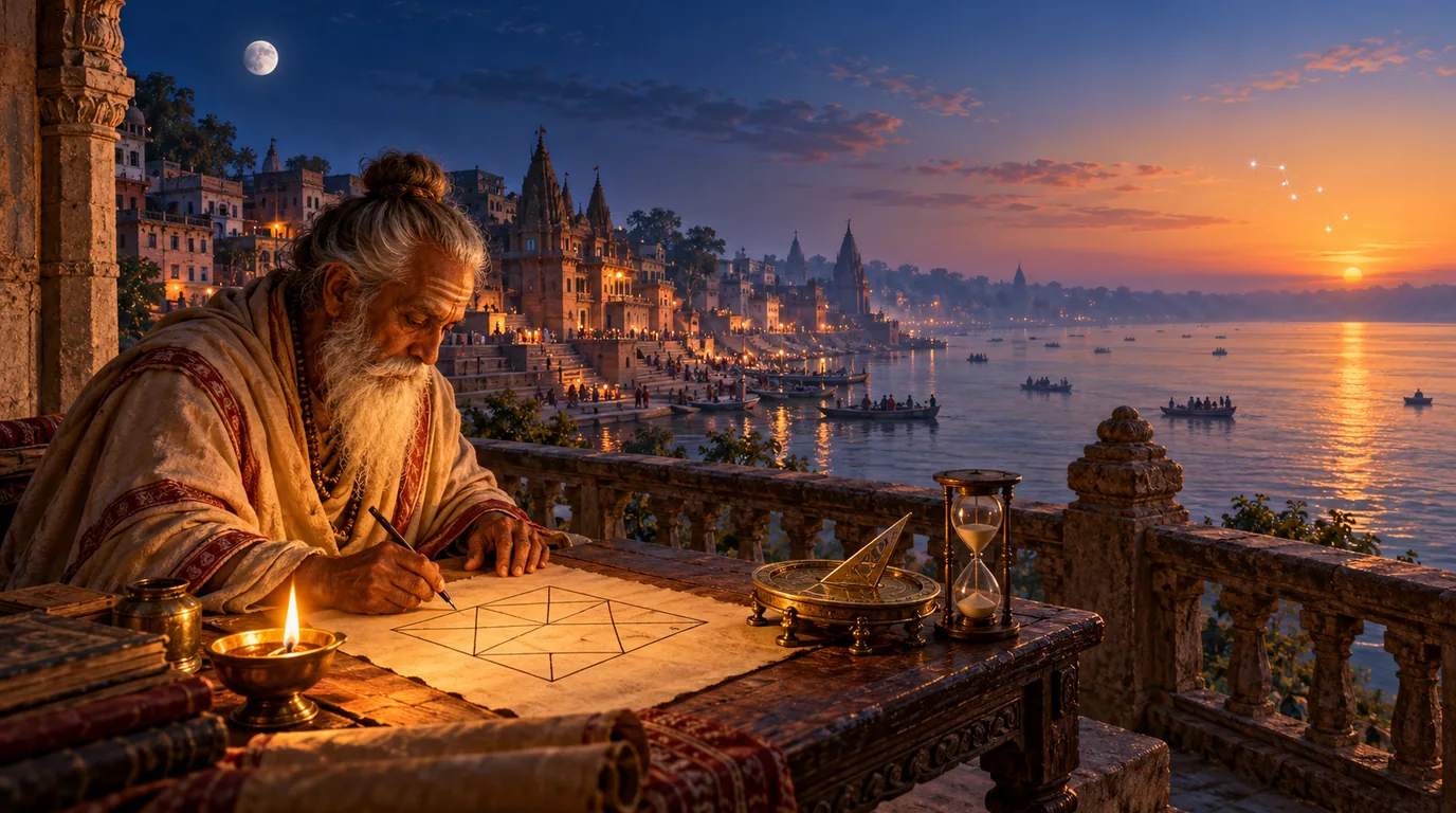 An astrologer drawing a birth chart at dawn as a sign rises on the eastern horizon