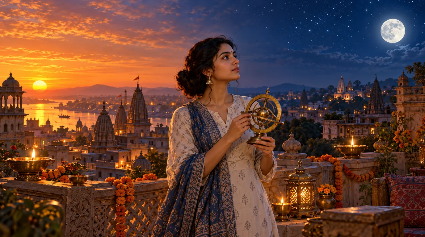 A woman on a rooftop at dusk between the setting Sun and the rising full Moon