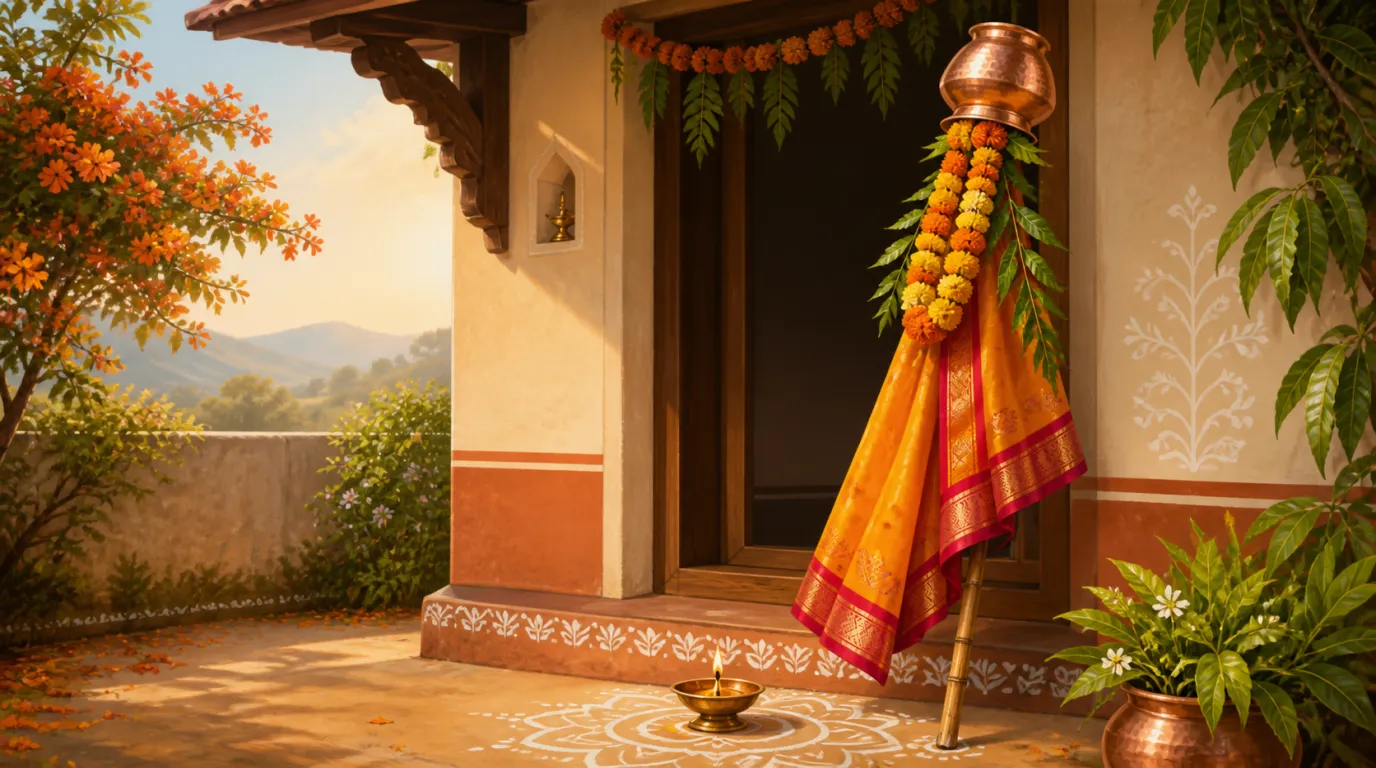 A traditional Maharashtrian gudi displayed at a decorated doorway for Gudi Padwa