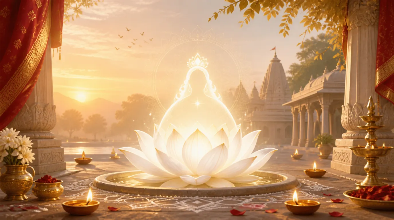 A luminous white lotus, diyas and a temple courtyard at dawn for Navratri Ashtami