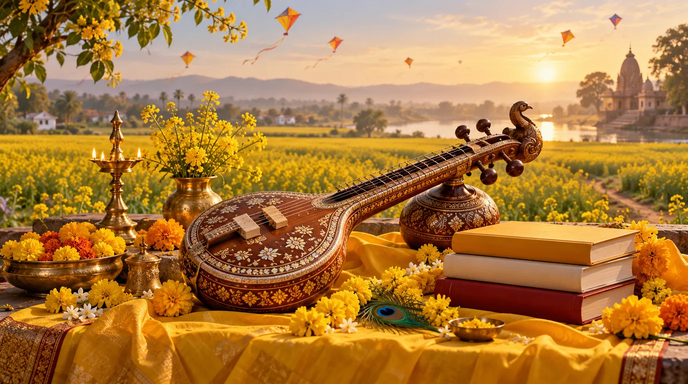 A veena, books and yellow flowers on a yellow cloth before a field of mustard in bloom, kites in the sky