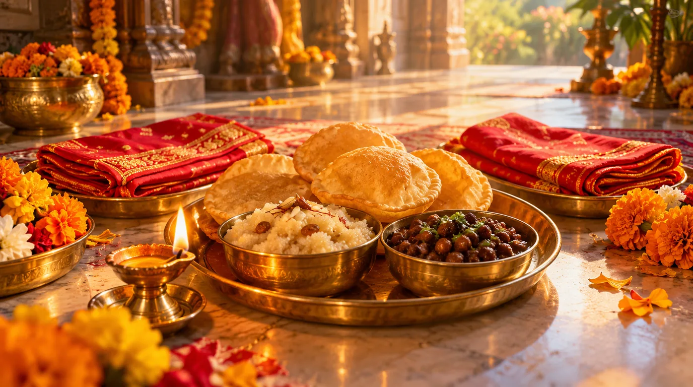 Brass plates of puri, sooji halwa and black chana beside folded red chunris, a diya and marigolds for kanya pujan