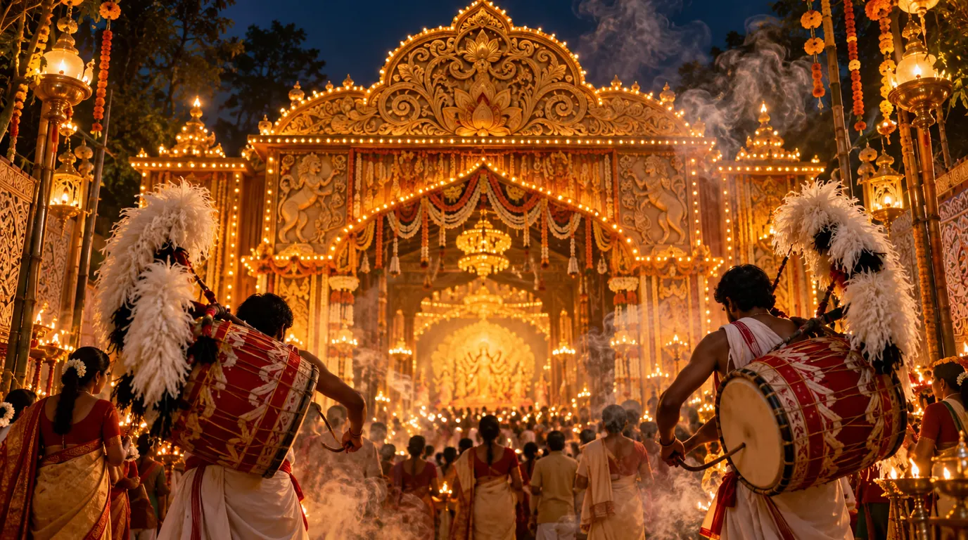 Two dhakis beat feather-plumed dhak drums before a glowing Durga Puja pandal gate, a crowd inside