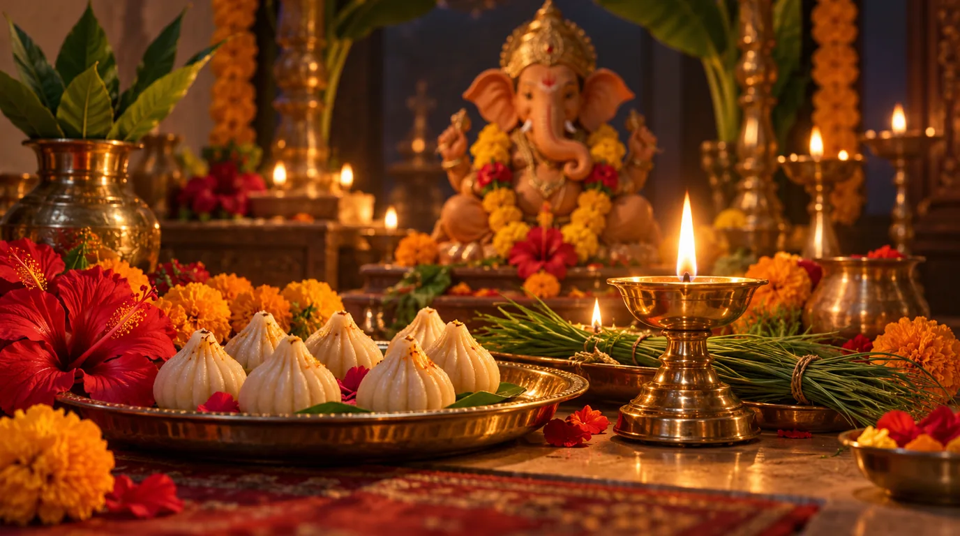 A plate of modaks with durva grass, red hibiscus and a brass lamp before a clay Ganesha idol on a home altar