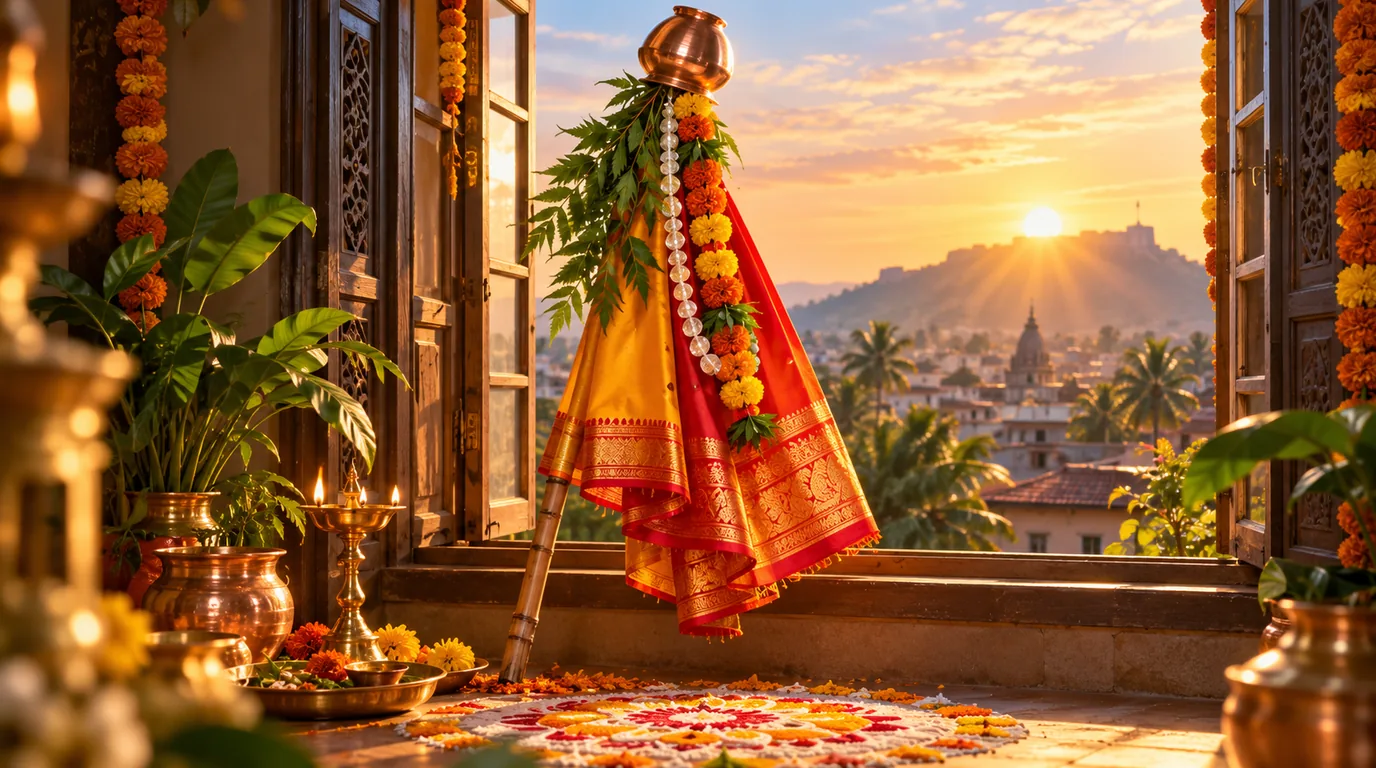 A gudi of silk cloth, neem leaves and a sugar garland under an upturned copper pot at a window at sunrise