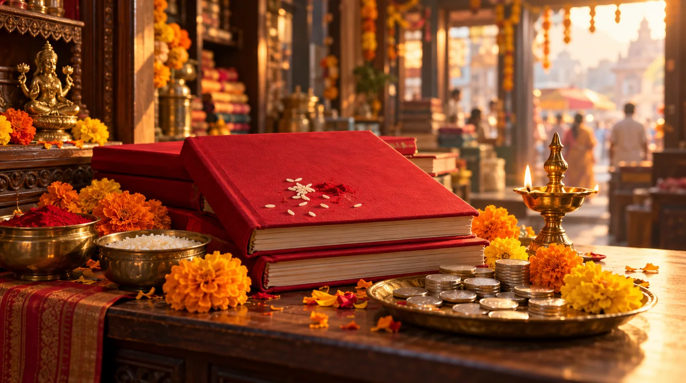 Red cloth-bound account books marked with kumkum and rice, silver coins and a brass lamp on a shop counter