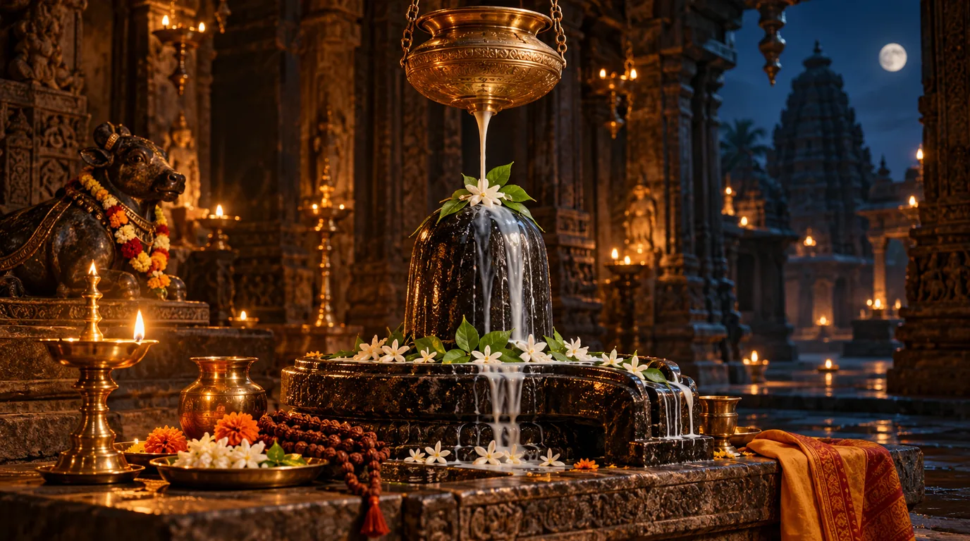दीयों से रोशन पत्थर के मंदिर में सफ़ेद फूलों से सजे शिवलिंग पर पीतल के कलश से गिरती दूध की धार, पास में नंदी