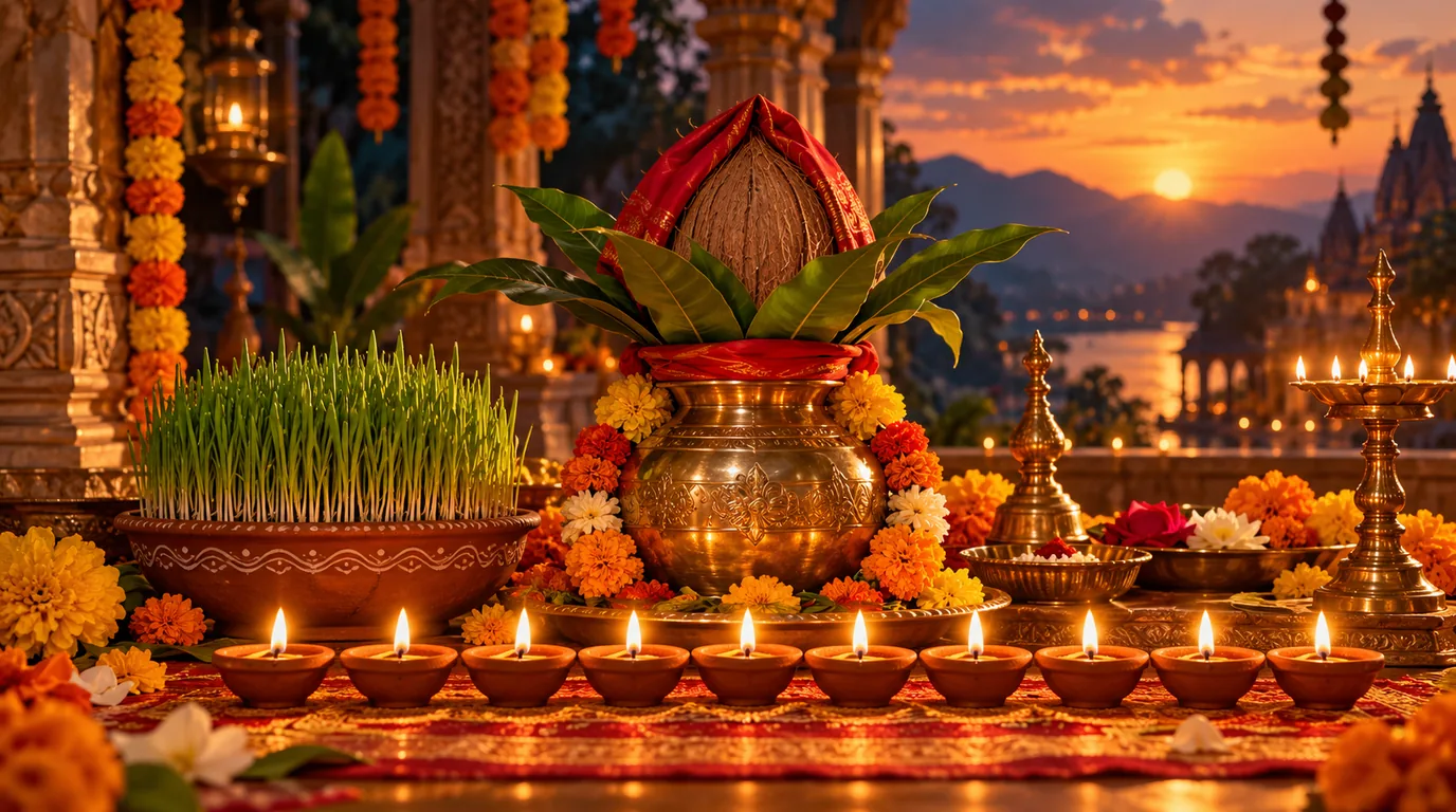 A brass kalash topped with a coconut and mango leaves beside sprouting barley, nine lit diyas and marigolds