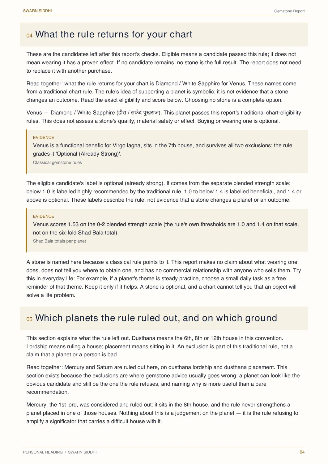 Screenshot from a generated Gemstone Report for an invented adult profile. The result explains a traditional rule and does not establish an effect from wearing a stone.