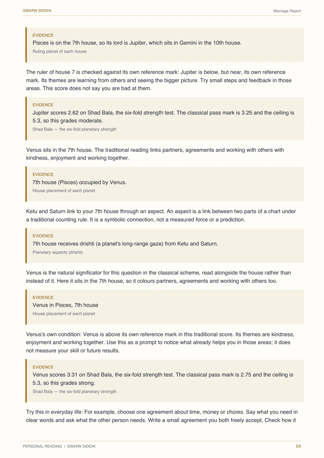 Screenshot from a generated Marriage Report for an invented adult profile. This is a one-person reading.