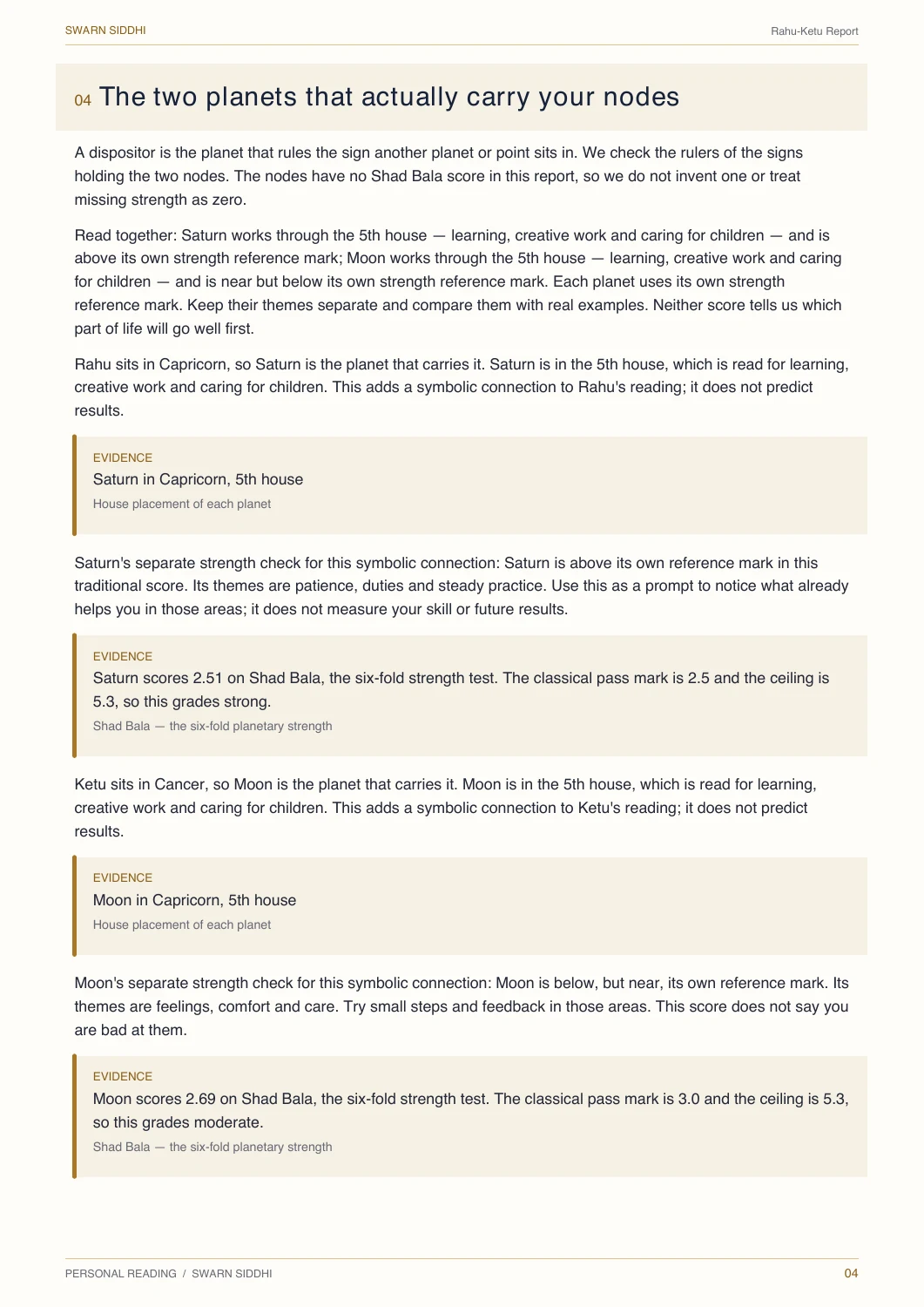 Screenshot from a generated Rahu-Ketu Report for an invented adult profile. This is a natal reading, not a current-transit bulletin.