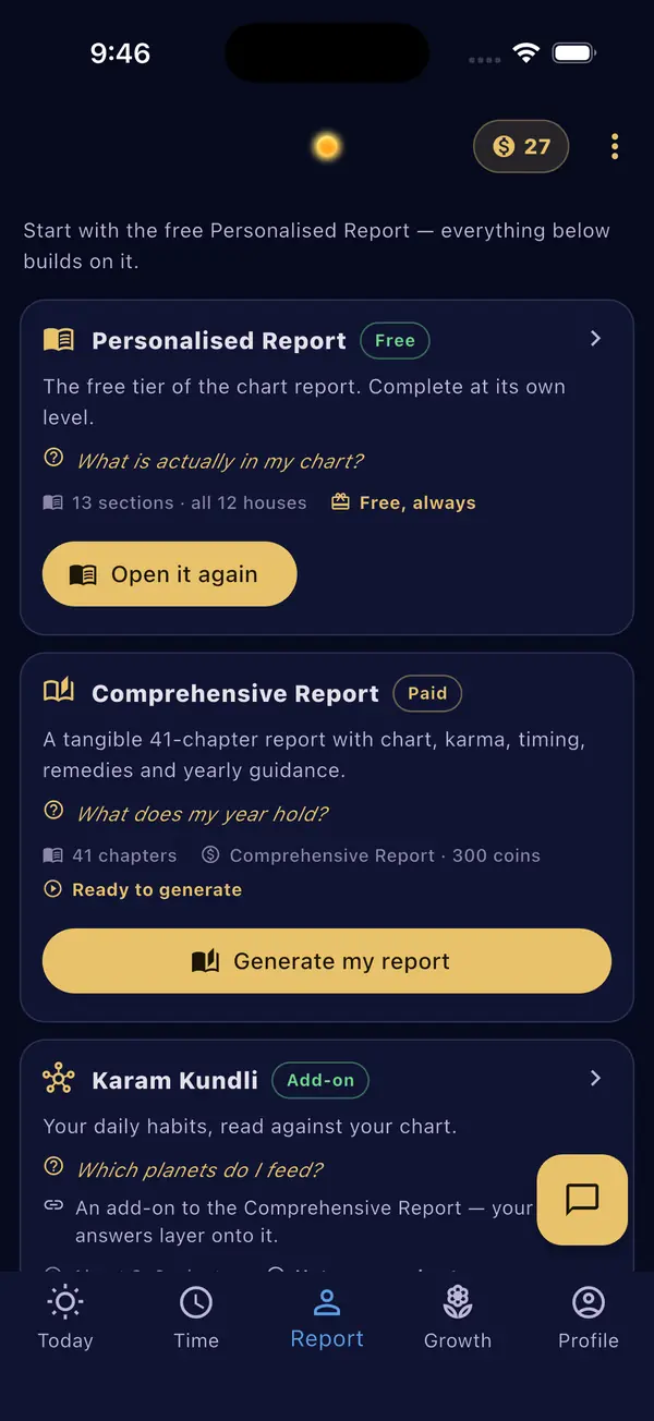 The app's report shelf: the free Janam Kundli Report, the paid 44-chapter Comprehensive Report and the Karam Kundli add-on