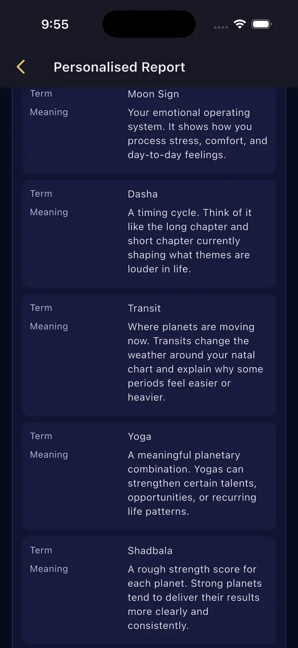 The free Janam Kundli Report in the app, giving plain-English meanings for chart terms such as Dasha, Transit, Yoga and Shadbala