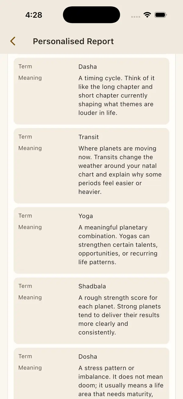 The free Janam Kundli Report in the app, giving plain-English meanings for chart terms such as Dasha, Transit, Yoga and Shadbala