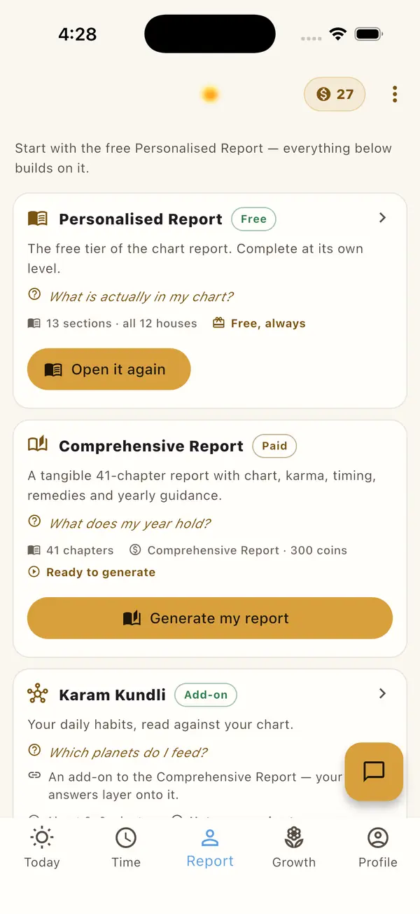 The app's report shelf: the free Janam Kundli Report, the paid 44-chapter Comprehensive Report and the Karam Kundli add-on