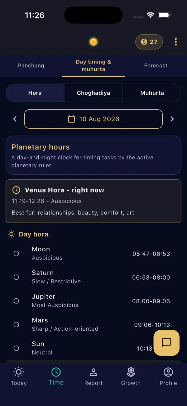 The app's day-timing screen, listing the planetary hours of the day with the Mars hora running now highlighted