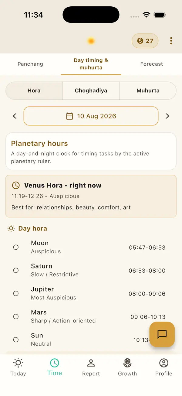 The app's day-timing screen, listing the planetary hours of the day with the Mars hora running now highlighted