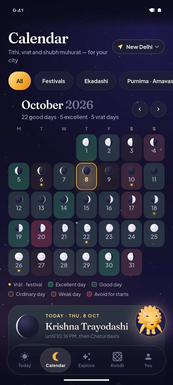 The app's Calendar for October 2026: each day's tithi and Moon phase, with vrat, festival and good days marked