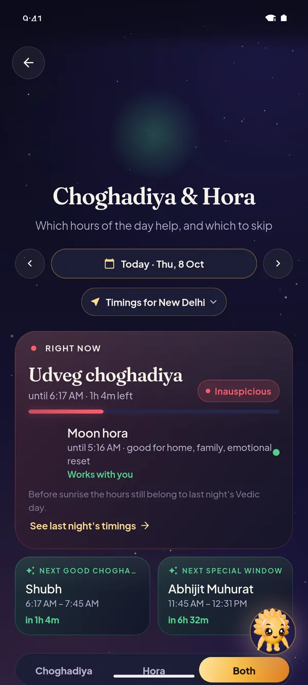 The app's Choghadiya and Hora screen: the choghadiya and hora running now, the next good choghadiya and Abhijit Muhurat